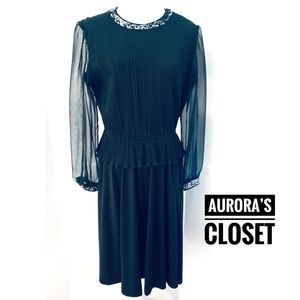 Vintage Large Black Dress High Sequin Neck Sheer Long Sleeves Knee Stretch 60's